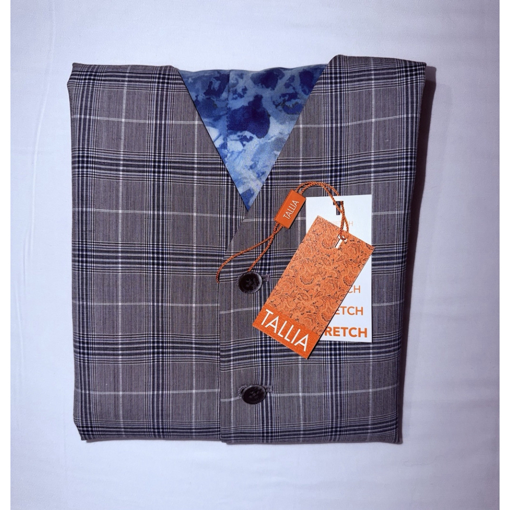 NWT Tallia Men Wool Blend Vest 46R Slim Lined Grey Blue Plaid Floral Back Fit - Picture 8 of 8